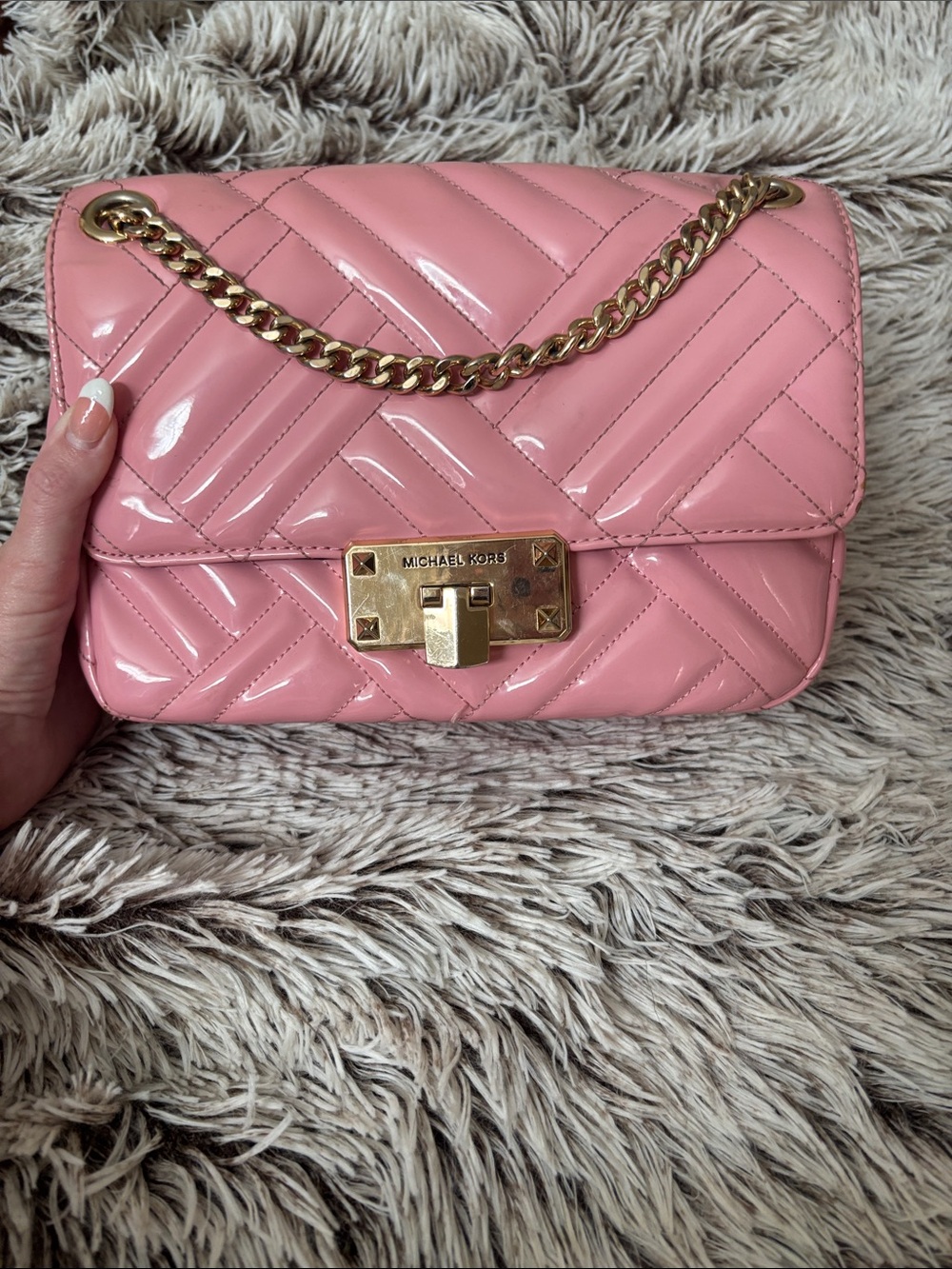 Michael Kors Pink Patent Quilted Chain Shoulder Bag